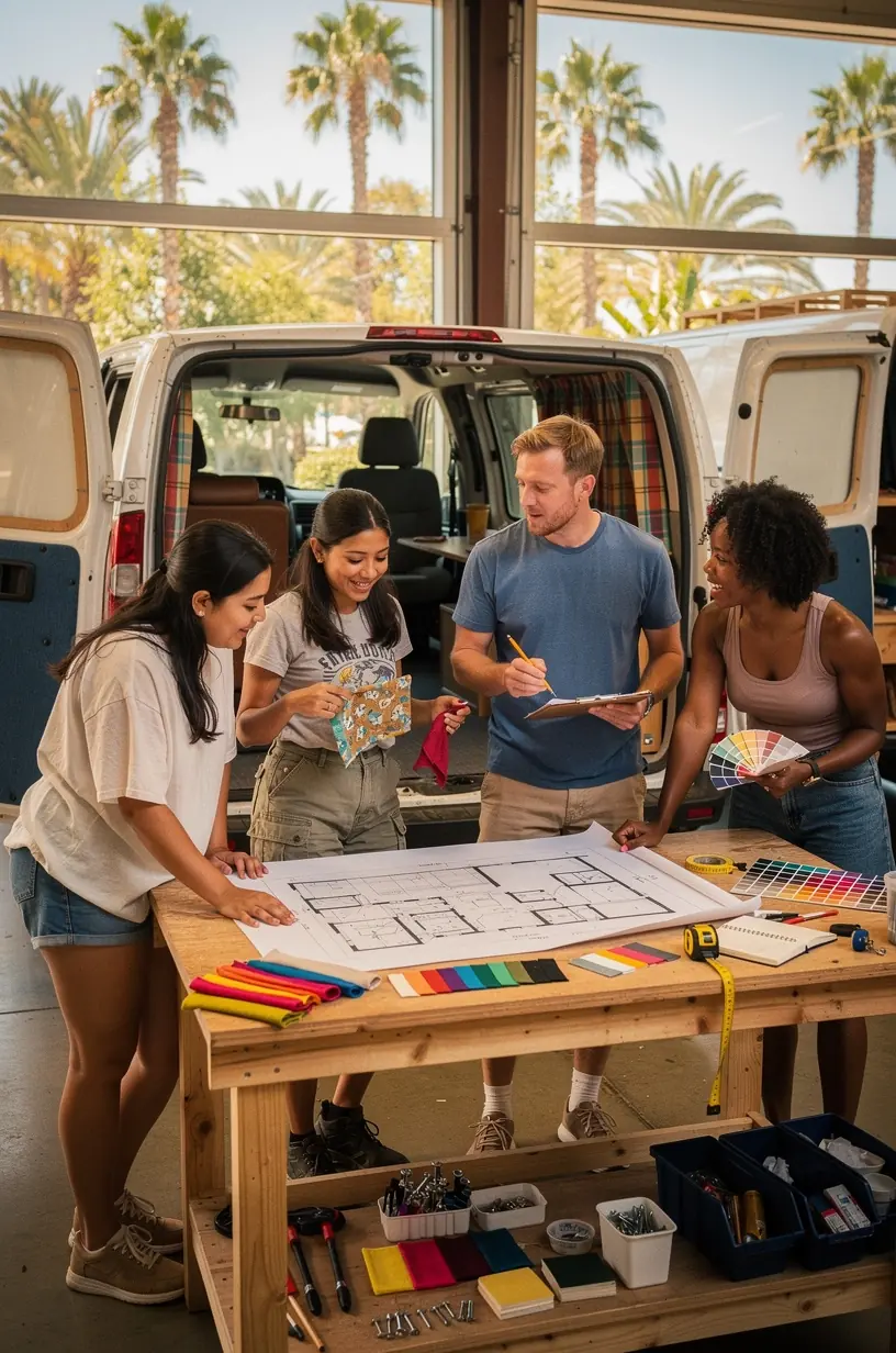 Пример компактного и эргономичного размещения бытовой техники внутри туристического фургона для краткосрочной аренды