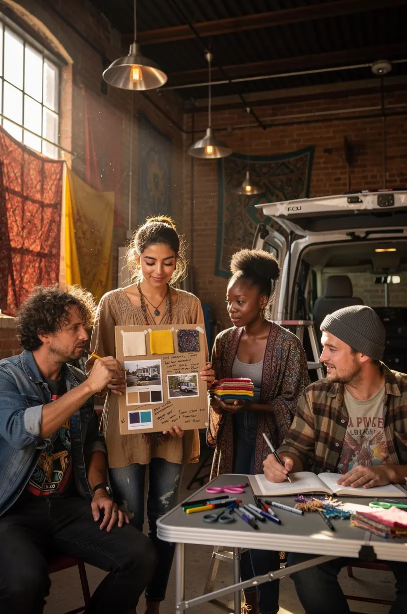 Группа туристов обучается созданию удобной зоны отдыха и хранения вещей в интерьер кемпера