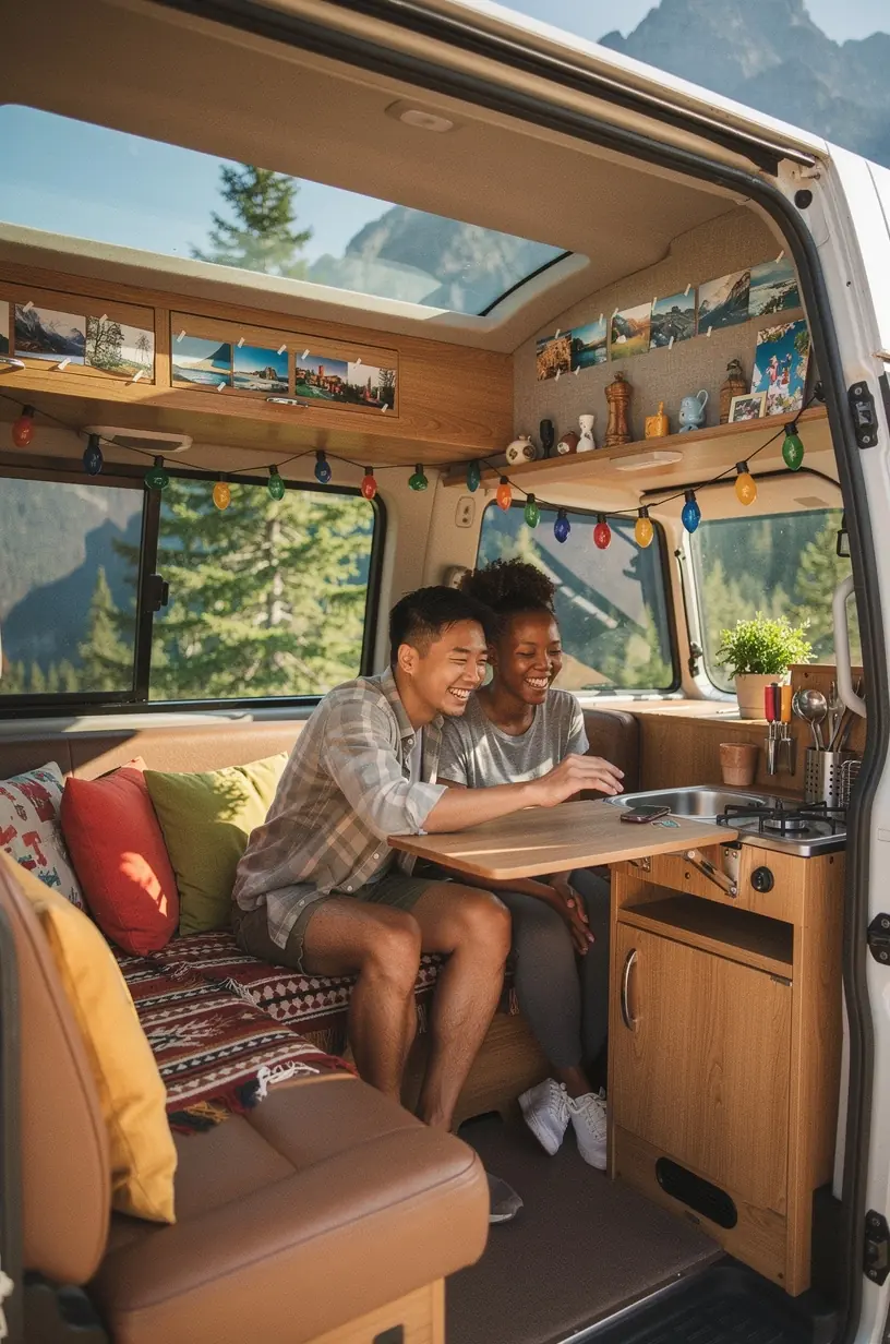 Инструктор показывает туристам практические приемы установки функциональной мебели в арендованном кемпере